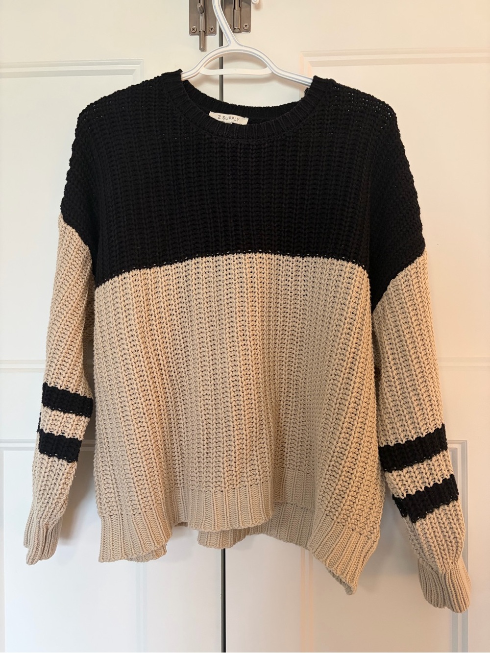 Z Supply Black and Cream Waffle-Knit Crewneck Sweater